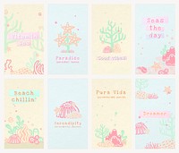 Aesthetic ocean story template, marine life design vector set in pastel colors