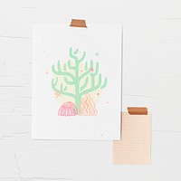 Paper note mockup, pastel green marine creature, moodboard psd design