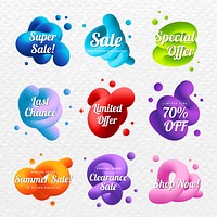 Abstract sale badge, shopping template, 3D fluid shape vector set