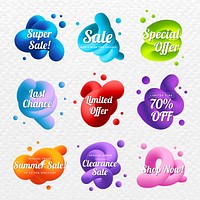 Abstract sale badge, shopping template, 3D fluid shape psd set