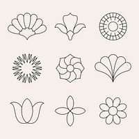 Flower ornament stickers, simple black graphic illustration, collage element set vector