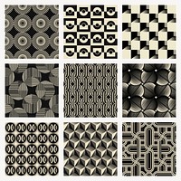 Geometric black patterns set, abstract modern art deco backgrounds vector