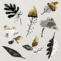 Abstract leaf nature clipart, gold foil design psd set