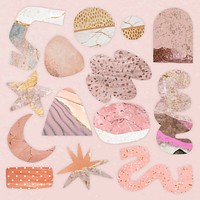Abstract shape sticker, pink and gold aesthetic design vector set