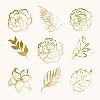 Gold flower stickers, simple line art, collage elements for bullet journal set vector