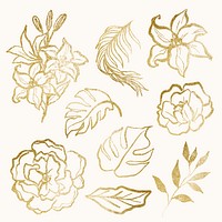 Aesthetic gold flower collage stickers, minimal line drawing style set psd