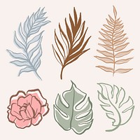 Vintage floral stickers, minimal line art style set psd