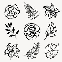 Floral collage elements, flowers and leaves black line drawing, minimal illustration set psd