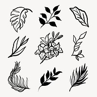 Aesthetic botanical stickers, flowers and leaves black line art, minimal graphic design set for wedding cards psd