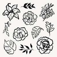 Simple botanical stickers, floral and leaves black line drawing, minimal graphic design set for wedding cards vector