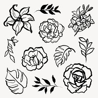 Minimal botanical stickers, flowers and leaves black line art, simple graphic design set for wedding cards psd