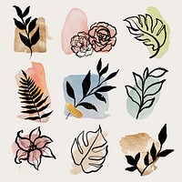 Watercolor botanical stickers, abstract leaf line art illustration set vector
