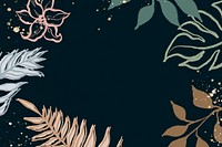 Tropical botanical black background, line art watercolor graphic design 