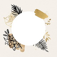 Botanical badge, floral line art with golden watercolor brushstrokes illustration psd