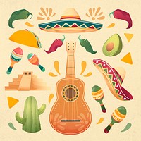 Mexican tradition stickers, colorful doodles set psd