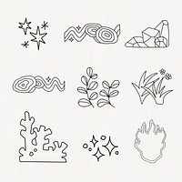 Funky doodle design line art, collage element set vector