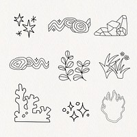 Funky doodle design line art, collage element set psd