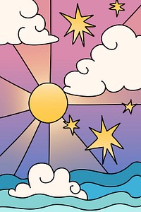 Funky sunshine background, cute ocean and fluffy clouds illustration psd