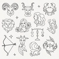 Zodiac signs doodle collage element, horoscope illustration set vector