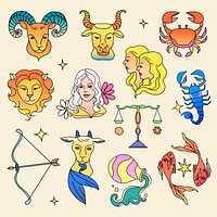 Zodiac signs, colorful doodle art collage element collection vector