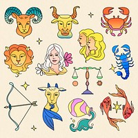 Zodiac signs, colorful doodle art collage element collection psd