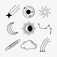 Galaxy stickers, simple black line drawing collage element set psd