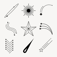 Black stars set, celestial line art design psd