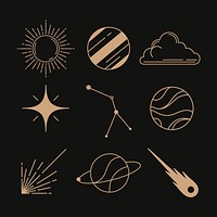 Galaxy stickers, aesthetic gold line drawing collage element set psd