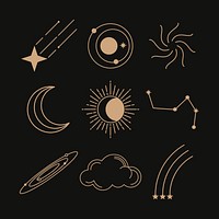 Celestial stickers, simple gold line art collage element set psd