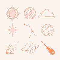 Galaxy stickers, aesthetic pastel line drawing collage element set psd