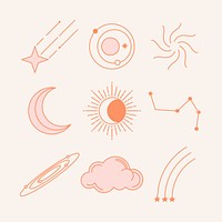 Celestial stickers, aesthetic pastel line art collage element set psd