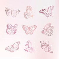 Pink holographic butterfly sticker, glitter collage element vector