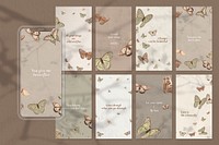 Quote mobile wallpaper template set, aesthetic butterfly pattern vector