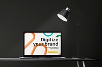 Laptop mockup psd, dark office room