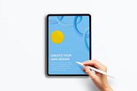 Digital tablet screen mockup, hand holding pen psd