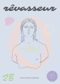 Aesthetic poster template, pastel blue design, line art Greek statue drawing vector