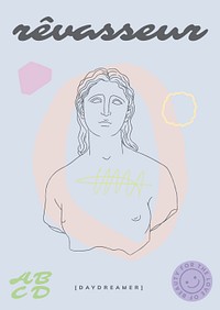 Aesthetic poster template, pastel blue design, line art Greek statue drawing psd