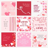 Valentines post set template, pink cute heart design vector