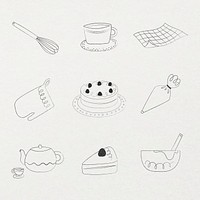 Baking tools & cakes collage element, cute doodle design set psd