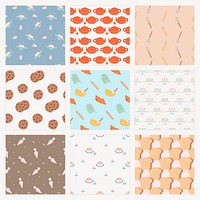 Cute bakery seamless pattern background social media post set psd