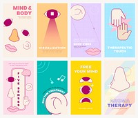 Mental health story template, five senses, social media story set vector