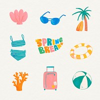 Summer doodle stickers set, beige background in psd