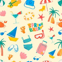 Spring break doodle seamless pattern, yellow background in psd