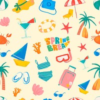 Spring break doodle seamless pattern, yellow background in vector