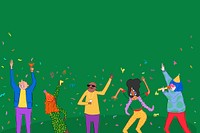 Cute party border green background, dancing cartoons drawing illustration vector