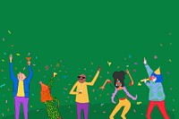 Cute party border green background, dancing cartoons drawing illustration psd