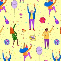 Partying cartoons pattern background, drawing illustration, seamless design psd