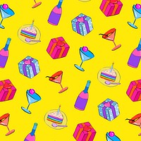 Colorful birthday pattern yellow background, drawing illustration, seamless design vector