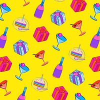Colorful birthday pattern yellow background, drawing illustration, seamless design psd