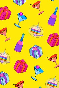 Colorful birthday pattern yellow background, drawing illustration, seamless design